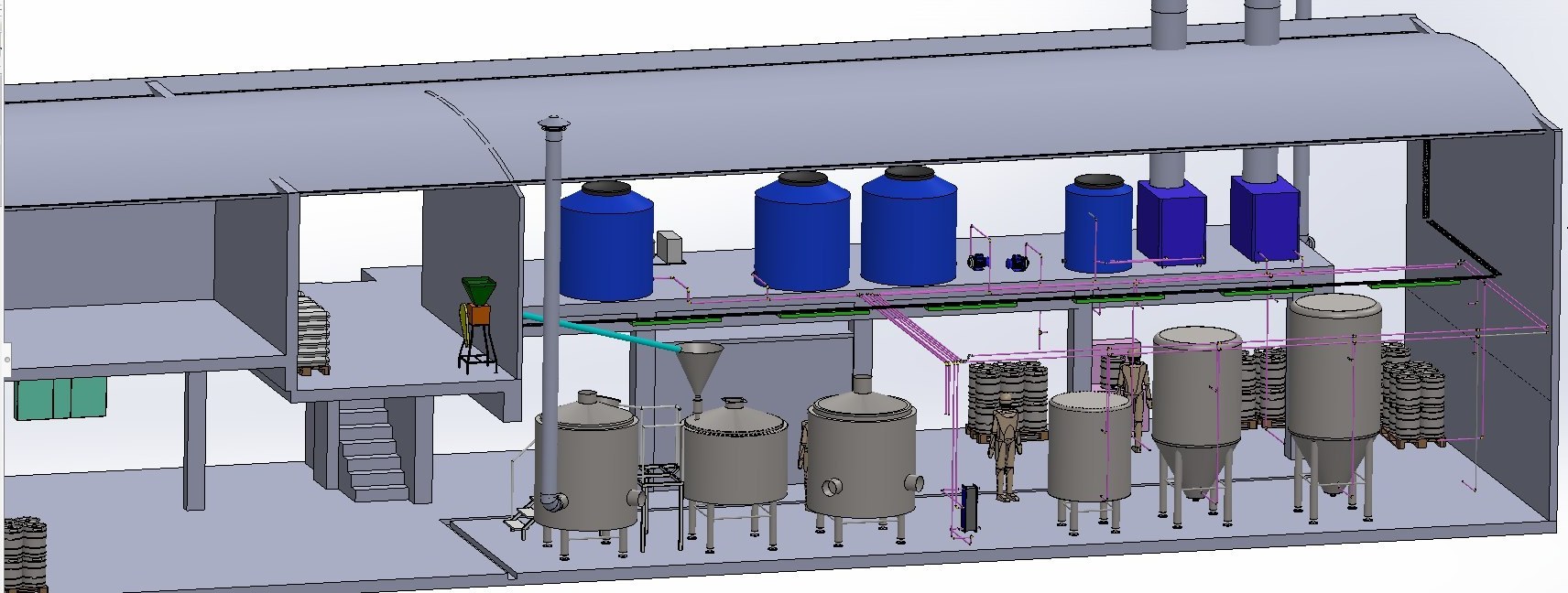 Modelo 3D del layout de una micro planta de elaboración de cerveza artesanal