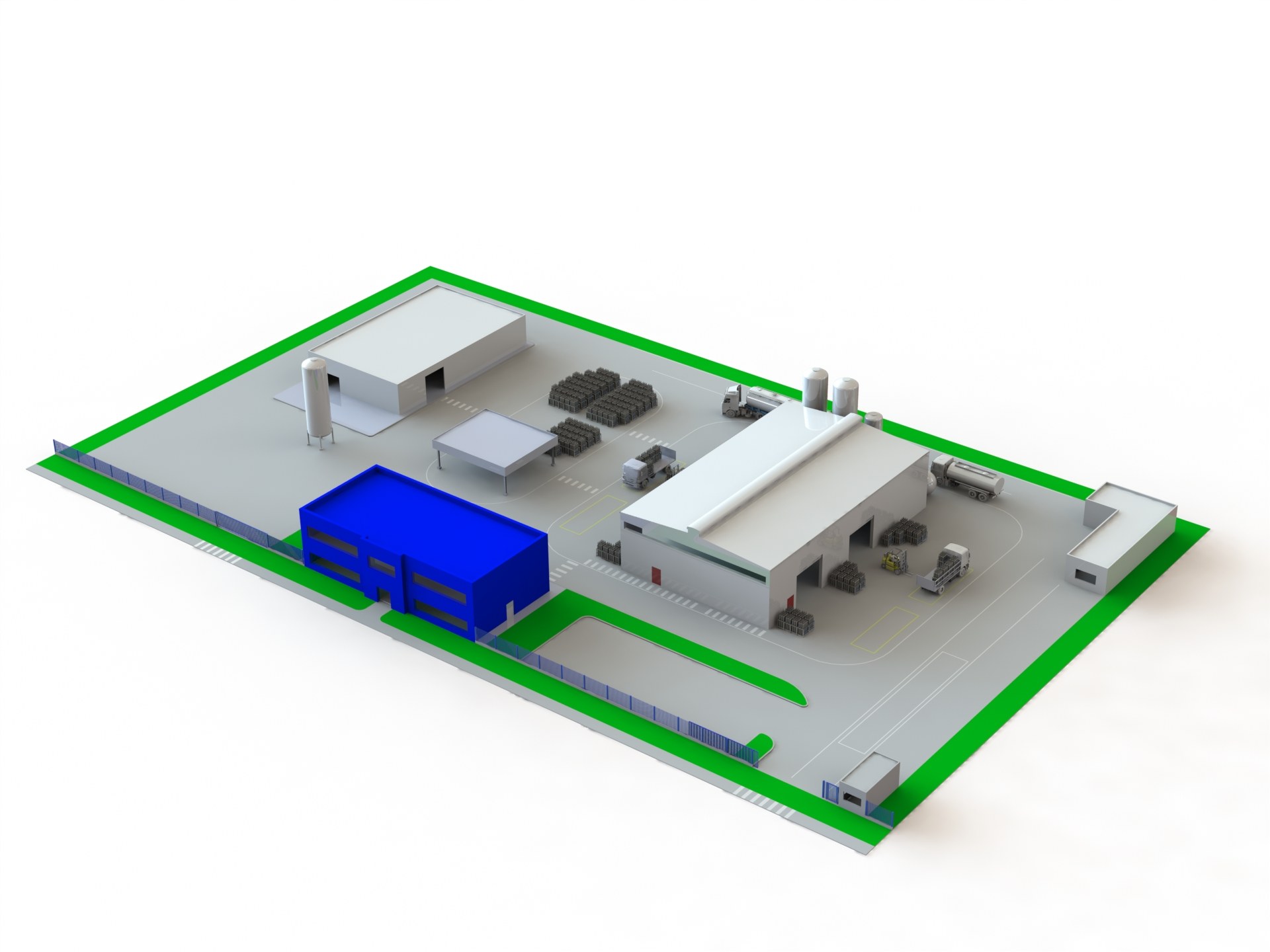 Render 3D del layout de la planta de gases comprimidos — Oxisur